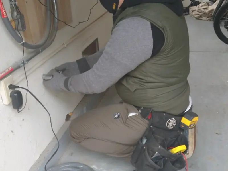 Electrician performing outlet wiring in a Ridgefield garage